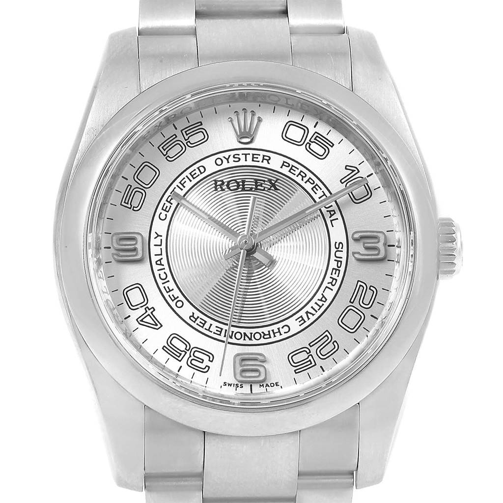 The image shows a front view of the Rolex Oyster Perpetual 116000 Men
s Stainless Steel Silver Dial 116000 Men
s Stainless Steel Silver Dial watch, highlighting its dial, numerals, and bracelet.