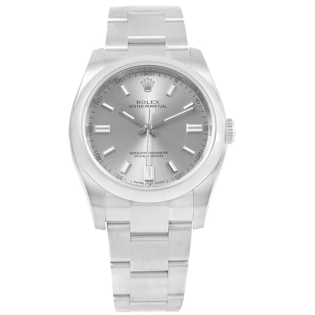 The image shows a front view of a Rolex Oyster Perpetual 116000 Men
s Stainless Steel Grey Dial 116000 Men
s Stainless Steel Grey Dial watch, highlighting the dial, bezel, and bracelet.