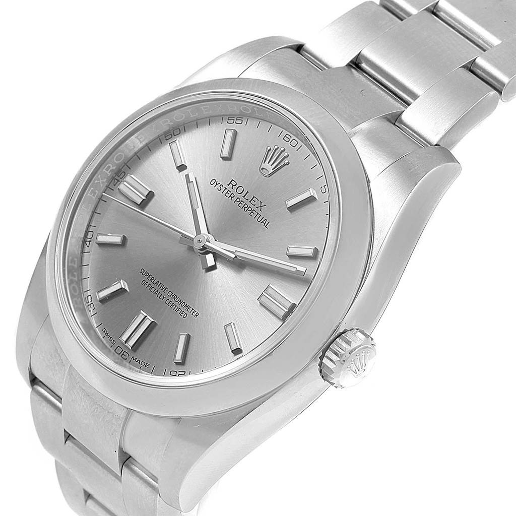 This image shows a Rolex Oyster Perpetual 116000 Men
s Stainless Steel Grey Dial 116000 Men
s Stainless Steel Grey Dial watch at a three-quarter angle, highlighting the dial, case, and partial bracelet.