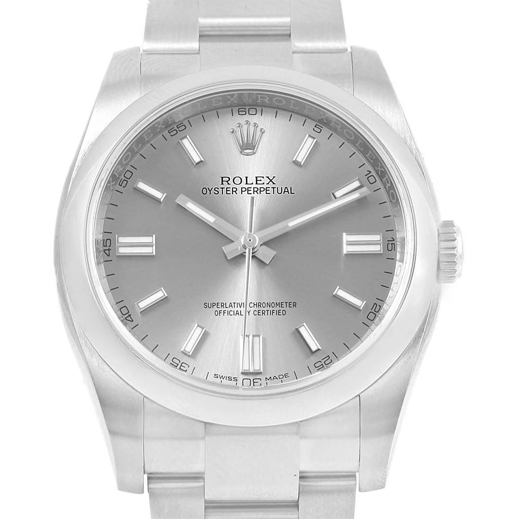 The image shows a front view of a Rolex Oyster Perpetual 116000 Men
s Stainless Steel Grey Dial 116000 Men
s Stainless Steel Grey Dial watch, highlighting its dial, hands, case, and part of the bracelet.