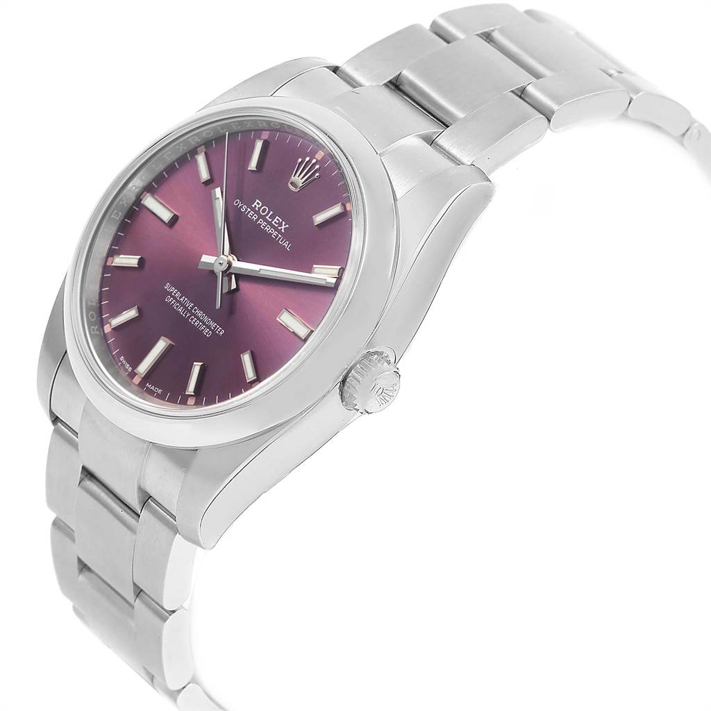 The Rolex Oyster Perpetual 114200 Men's Stainless Steel Burgundy Dial 114200 Men's Stainless Steel Burgundy Dial watch is shown in a three-quarter angle highlighting the purple dial, crown, and stainless steel bracelet.