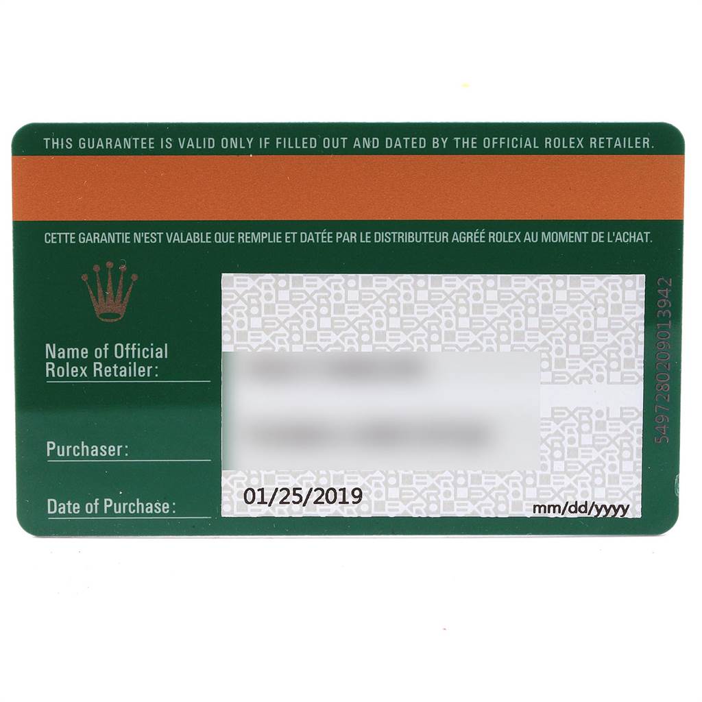 This image shows the official warranty card for a Rolex Oyster Perpetual 114200 Men's Stainless Steel Burgundy Dial 114200 Men's Stainless Steel Burgundy Dial watch.