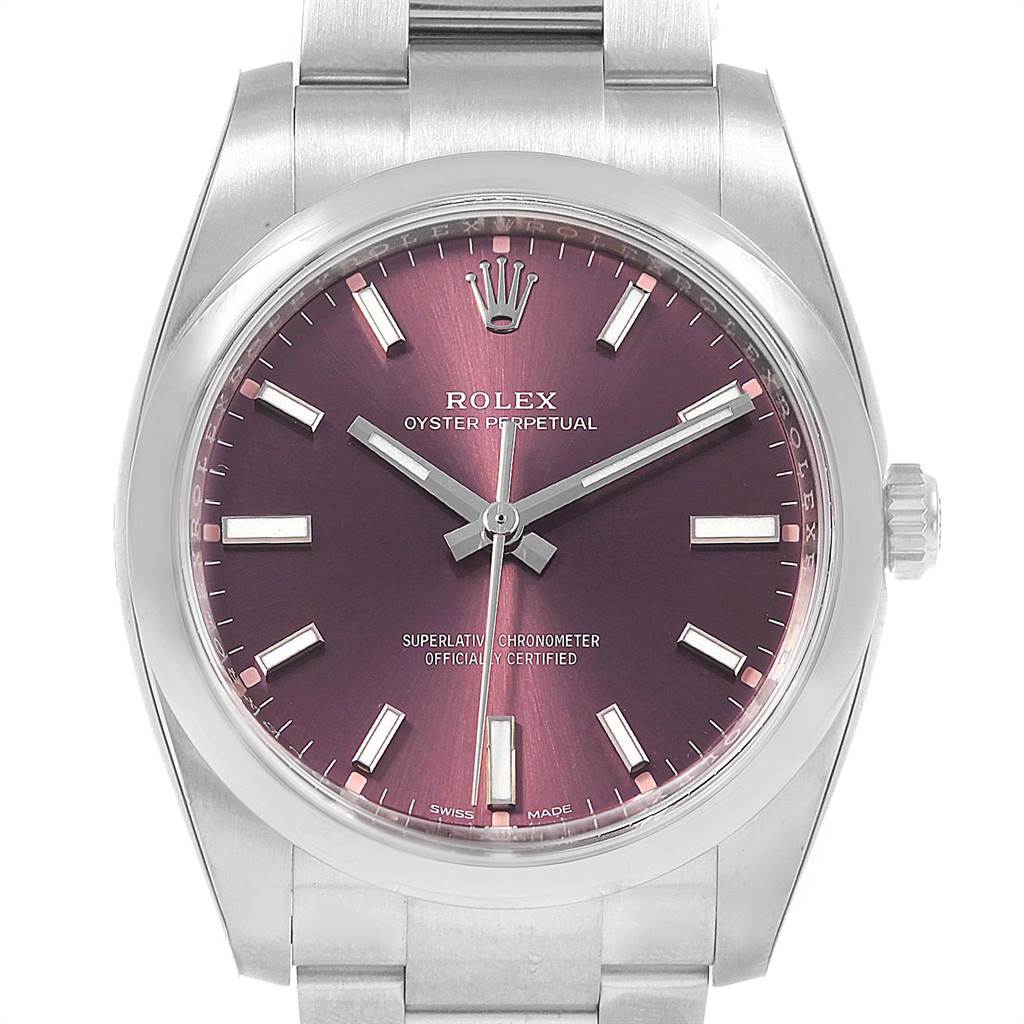 This image shows a Rolex Oyster Perpetual 114200 Men's Stainless Steel Burgundy Dial 114200 Men's Stainless Steel Burgundy Dial watch from a front angle, highlighting its burgundy dial and stainless steel bracelet.