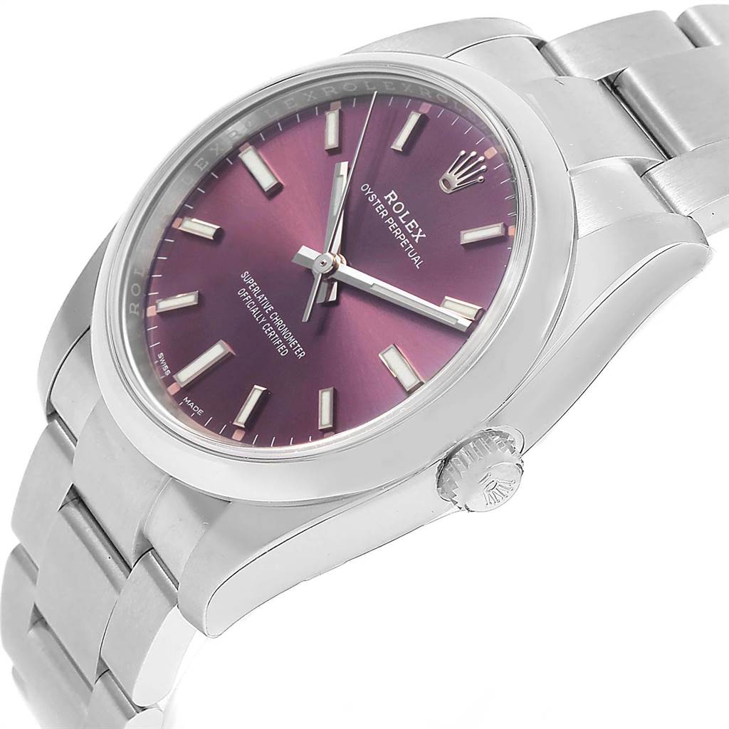 The Rolex Oyster Perpetual 114200 Men's Stainless Steel Burgundy Dial 114200 Men's Stainless Steel Burgundy Dial watch is shown from a front and slight side angle, displaying its face, bracelet, and crown.