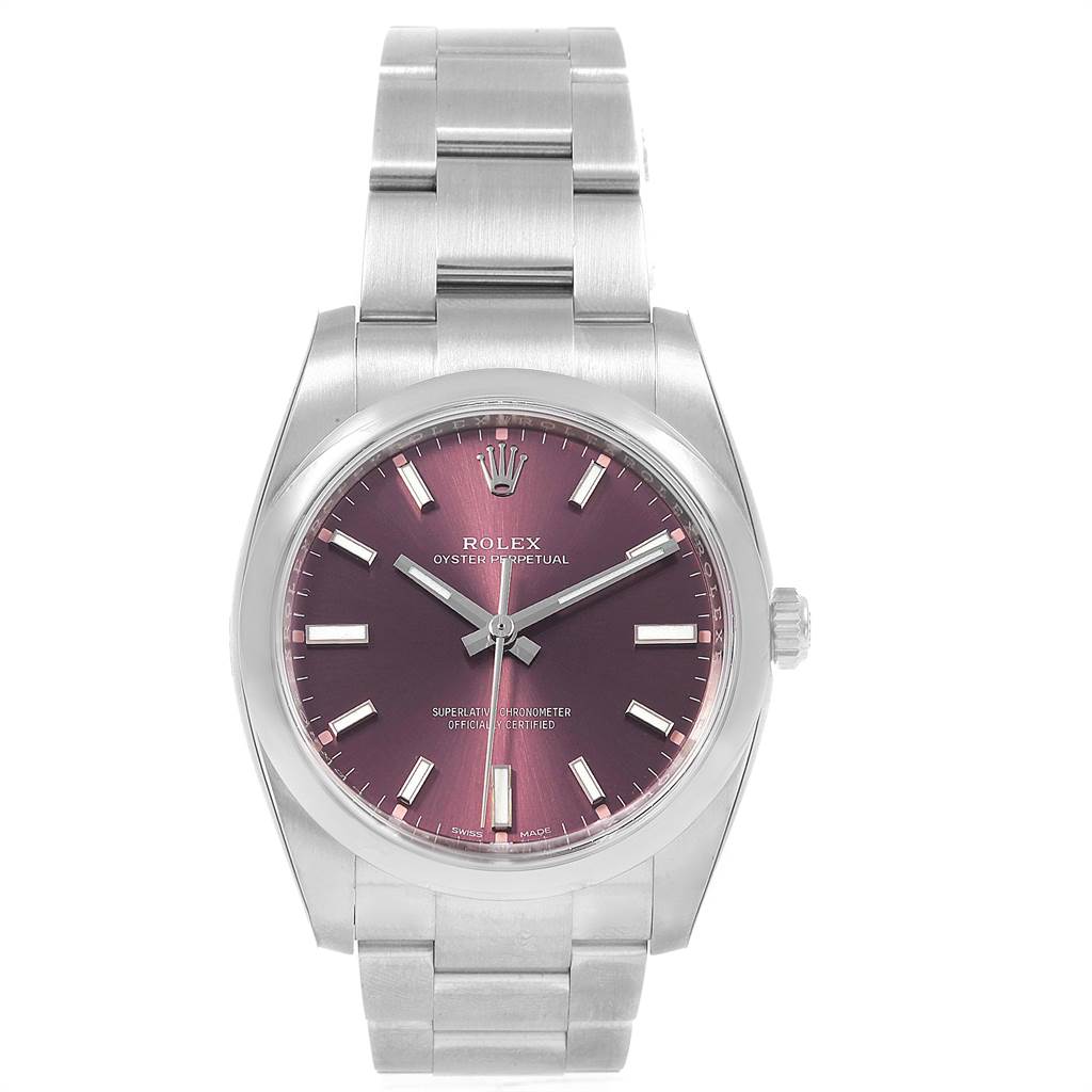 This image shows a front view of a Rolex Oyster Perpetual 114200 Men's Stainless Steel Burgundy Dial 114200 Men's Stainless Steel Burgundy Dial watch, featuring its dial, hour markers, hands, case, and bracelet.