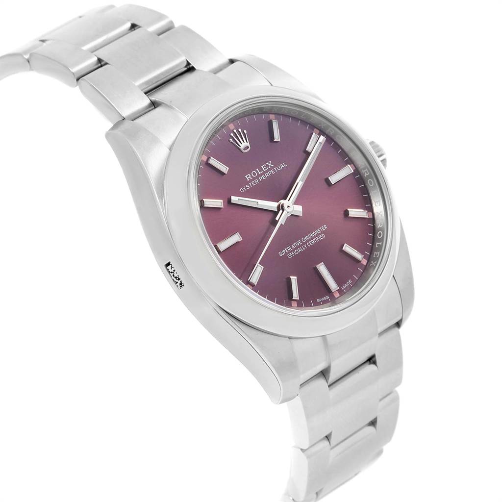The image shows a Rolex Oyster Perpetual 114200 Men's Stainless Steel Burgundy Dial 114200 Men's Stainless Steel Burgundy Dial model watch at a slight angle, highlighting its face and part of the bracelet.