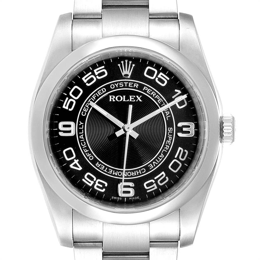 The image shows a frontal view of a Rolex Oyster Perpetual 116000 Men's Stainless Steel Black Dial 116000 Men's Stainless Steel Black Dial watch, displaying the watch face, bezel, crown, and part of the bracelet.