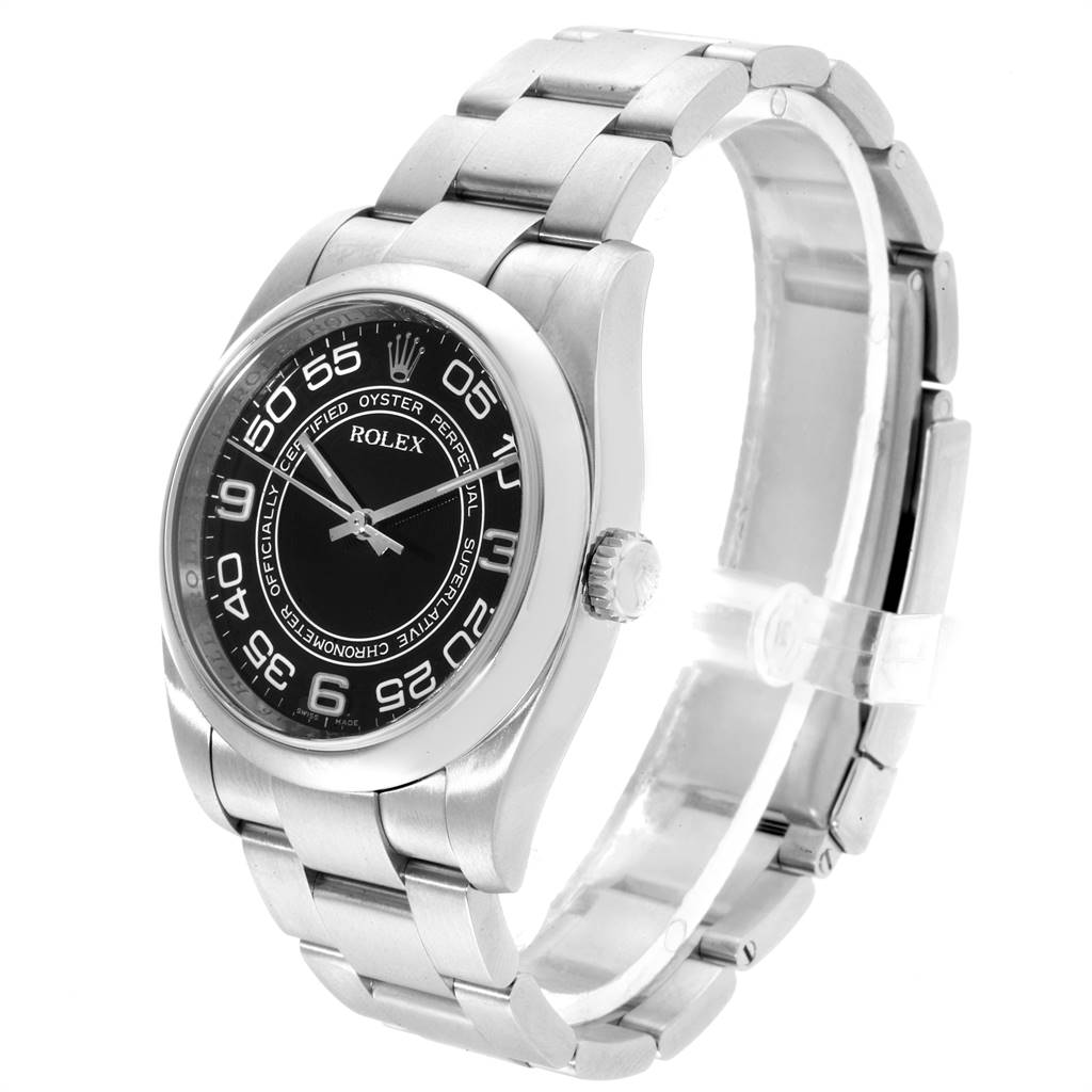 This image shows a Rolex Oyster Perpetual 116000 Men's Stainless Steel Black Dial 116000 Men's Stainless Steel Black Dial watch at a three-quarter angle, highlighting the face, bracelet, and crown.