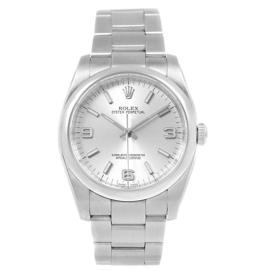 The image shows a frontal view of a Rolex Oyster Perpetual 116000 Men
s Stainless Steel Silver Dial 116000 Men
s Stainless Steel Silver Dial watch, highlighting the dial, hands, crown, bracelet, and bezel.