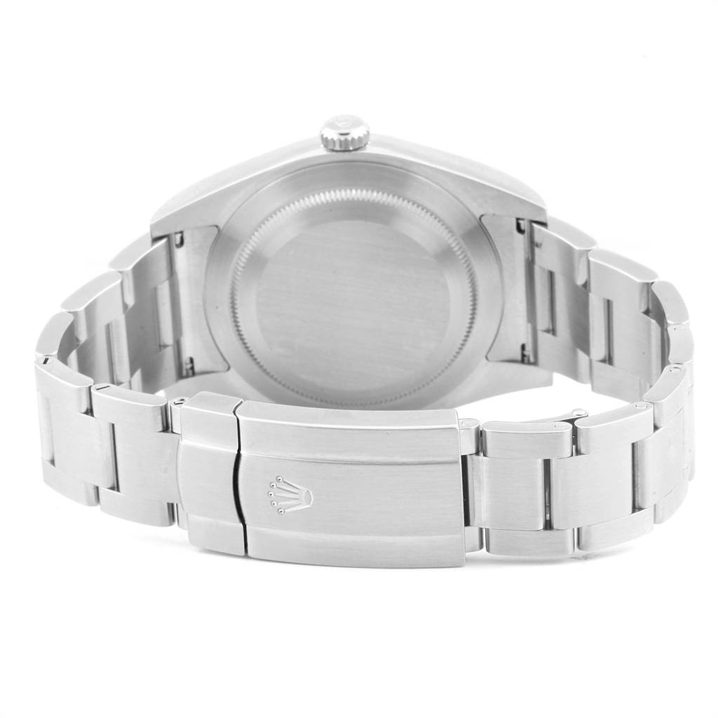 This image shows the back and bracelet clasp of the Rolex Oyster Perpetual 114300 Men's Stainless Steel Burgundy Dial 114300 Men's Stainless Steel Burgundy Dial watch.