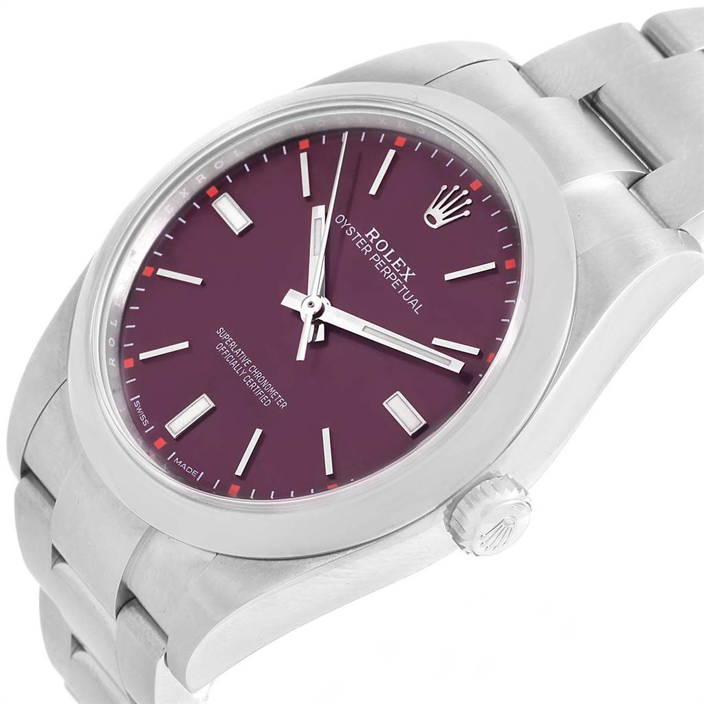 This image shows a Rolex Oyster Perpetual 114300 Men's Stainless Steel Burgundy Dial 114300 Men's Stainless Steel Burgundy Dial watch angled from the front-left, highlighting the dial, crown, and part of the bracelet.