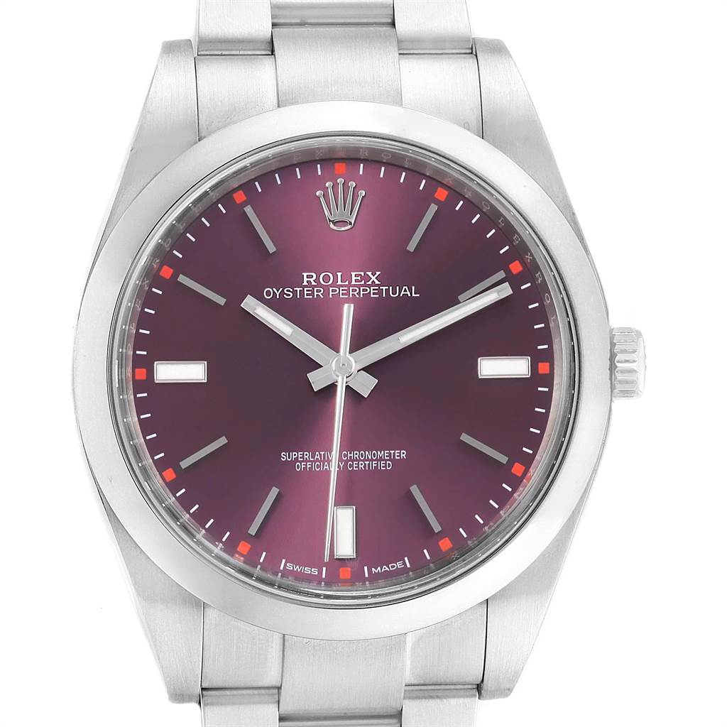 This image shows a frontal view of a Rolex Oyster Perpetual 114300 Men's Stainless Steel Burgundy Dial 114300 Men's Stainless Steel Burgundy Dial watch with a purple dial and stainless steel bracelet.