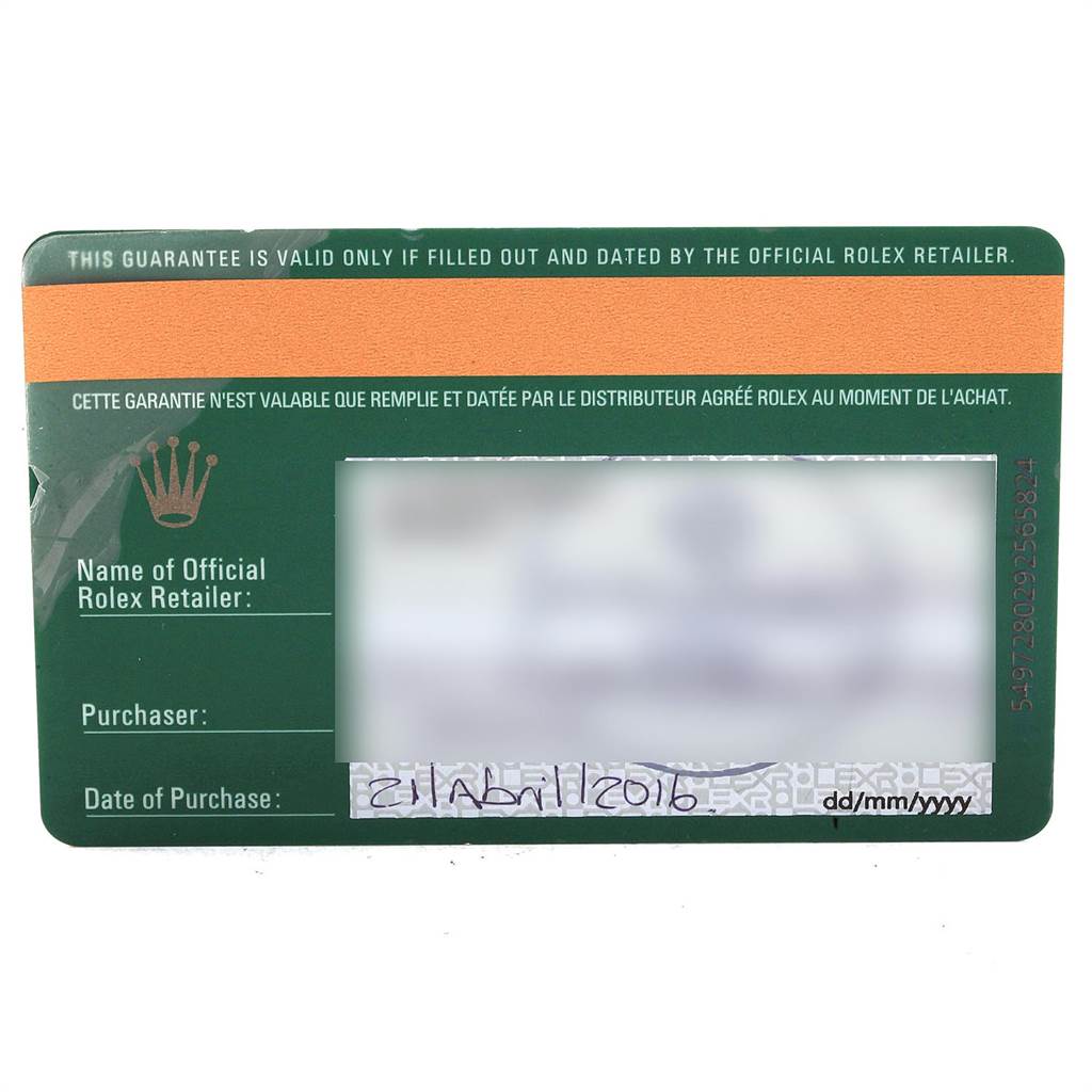 This image shows a warranty card for the Rolex Oyster Perpetual 114300 Men's Stainless Steel Burgundy Dial 114300 Men's Stainless Steel Burgundy Dial model, including details of the official retailer, purchaser, and date of purchase.