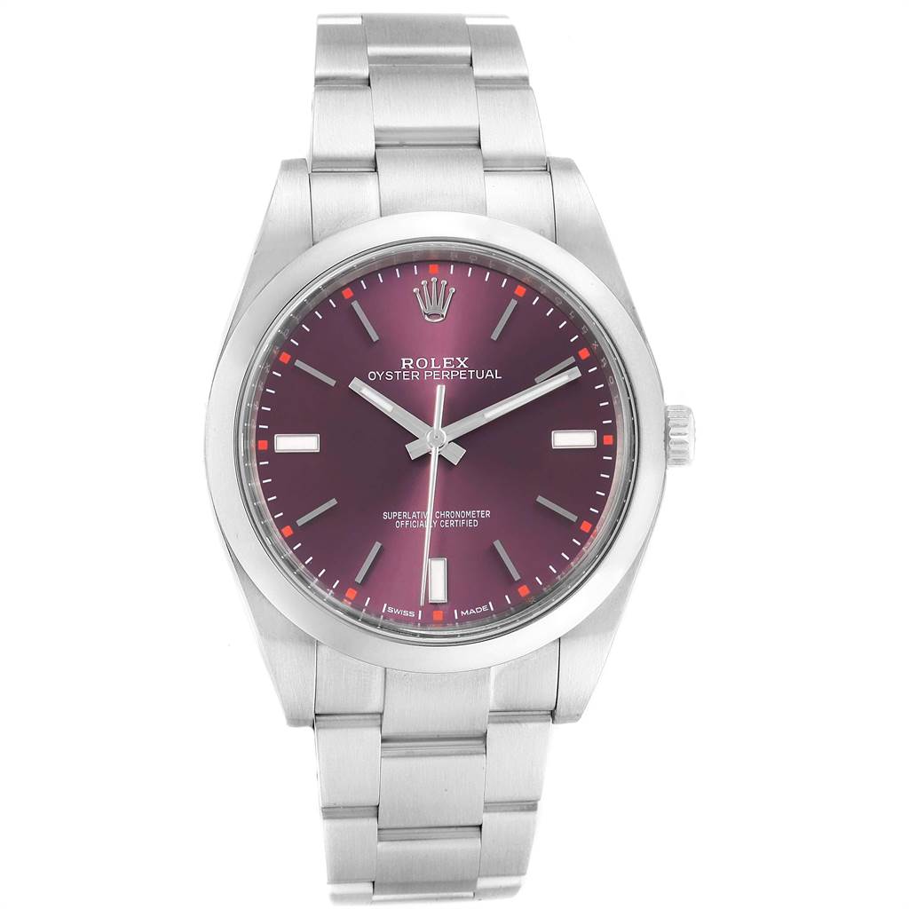 This image shows a front view of a Rolex Oyster Perpetual 114300 Men's Stainless Steel Burgundy Dial 114300 Men's Stainless Steel Burgundy Dial watch with a stainless steel bracelet and a purple dial.
