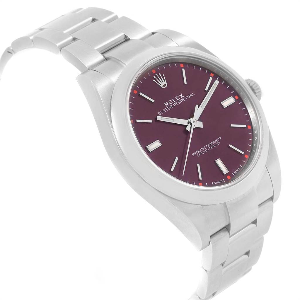 The image shows a Rolex Oyster Perpetual 114300 Men's Stainless Steel Burgundy Dial 114300 Men's Stainless Steel Burgundy Dial watch at an angled side view, highlighting the dial, bezel, and part of the bracelet.