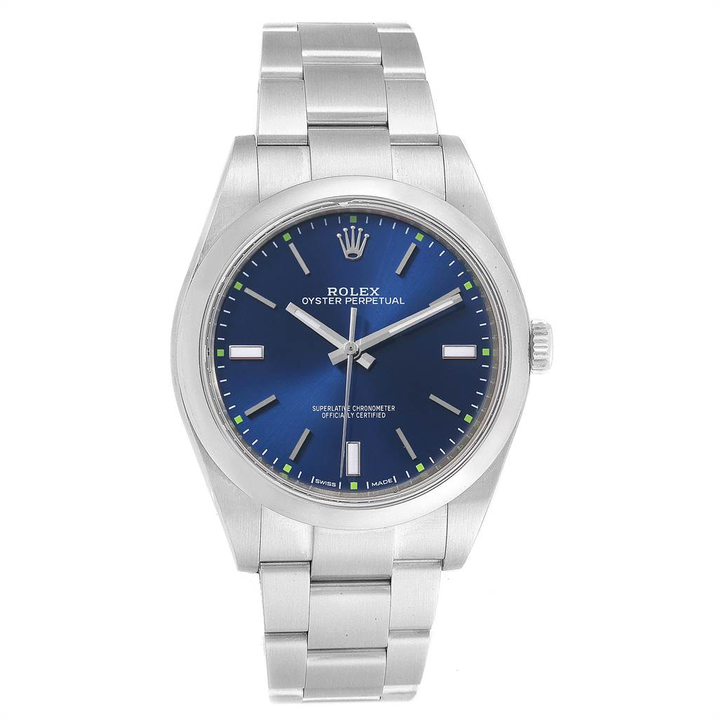 This is a front view of a Rolex Oyster Perpetual 114300 Men
s Stainless Steel Blue Dial 114300 Men
s Stainless Steel Blue Dial watch showing its blue dial, hands, markers, and stainless steel bracelet.