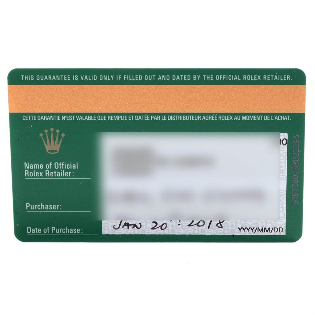 This image shows the guarantee card for a Rolex Oyster Perpetual 114300 Men
s Stainless Steel Blue Dial 114300 Men
s Stainless Steel Blue Dial watch, dated January 20, 2018.