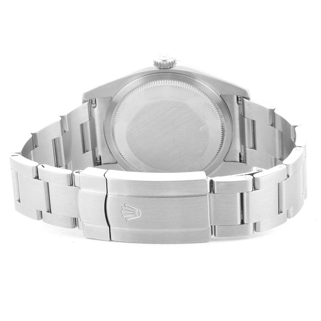 The image shows the back view of a Rolex Oyster Perpetual 116000 Men
s Stainless Steel Blue Dial 116000 Men
s Stainless Steel Blue Dial watch, highlighting the bracelet and clasp.