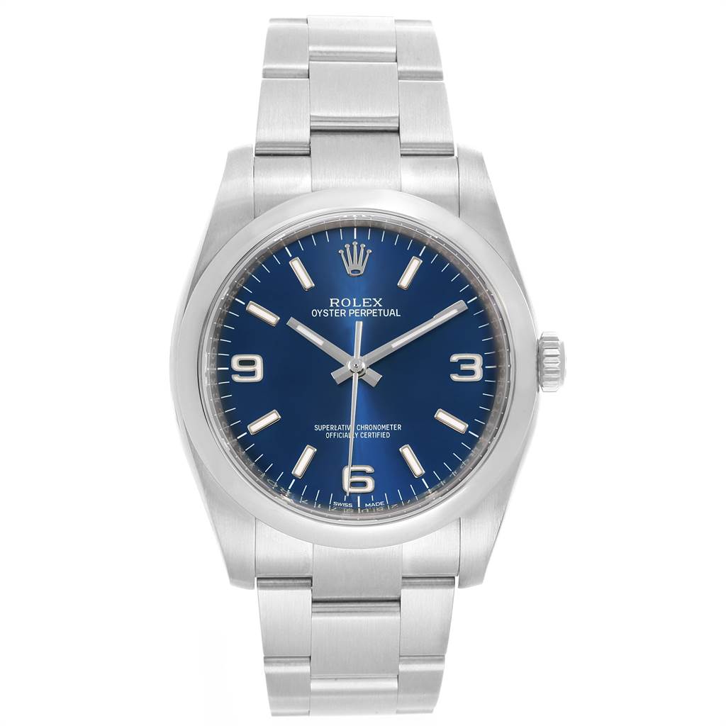 This image shows a front view of a Rolex Oyster Perpetual 116000 Men
s Stainless Steel Blue Dial 116000 Men
s Stainless Steel Blue Dial watch with a blue dial and stainless steel bracelet.