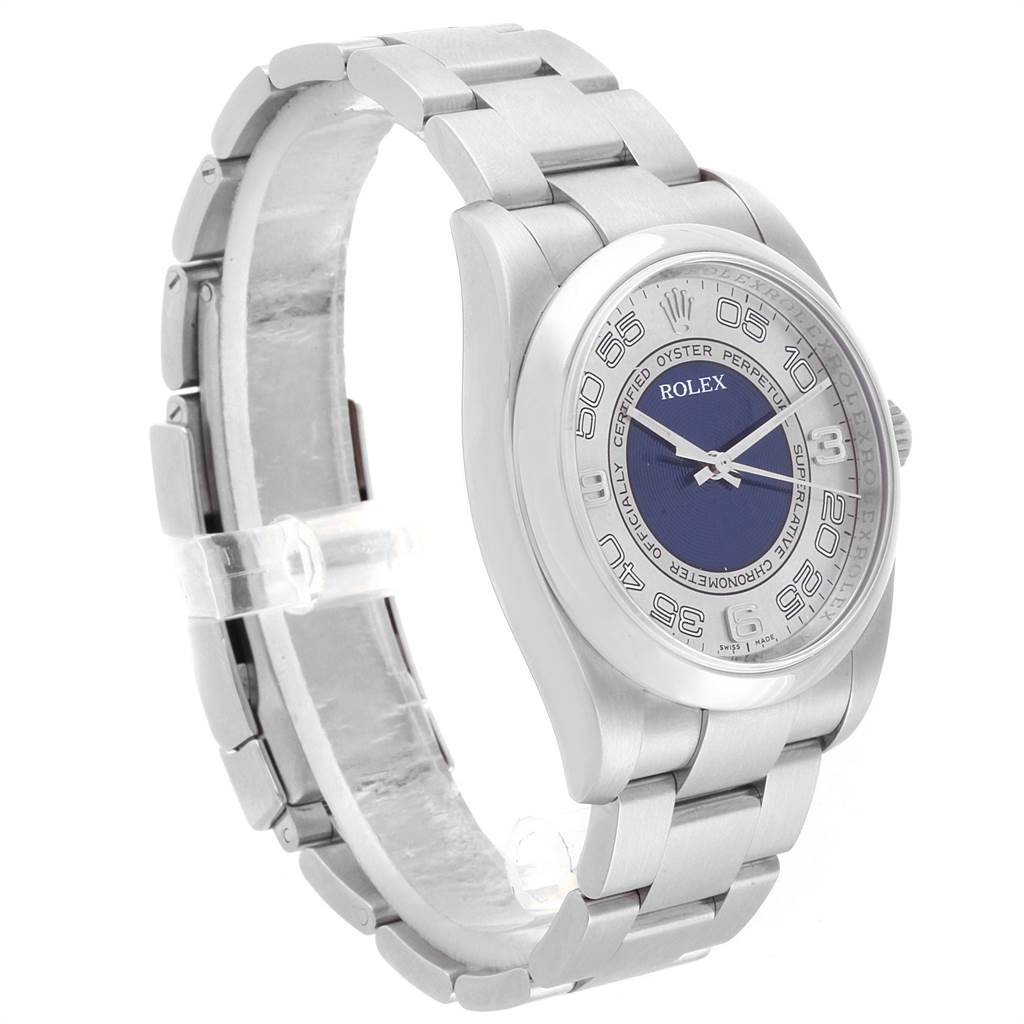 The image shows a side angle of the Rolex Oyster Perpetual 116000 Men
s Stainless Steel Silver Dial 116000 Men
s Stainless Steel Silver Dial watch, highlighting the bracelet and dial.