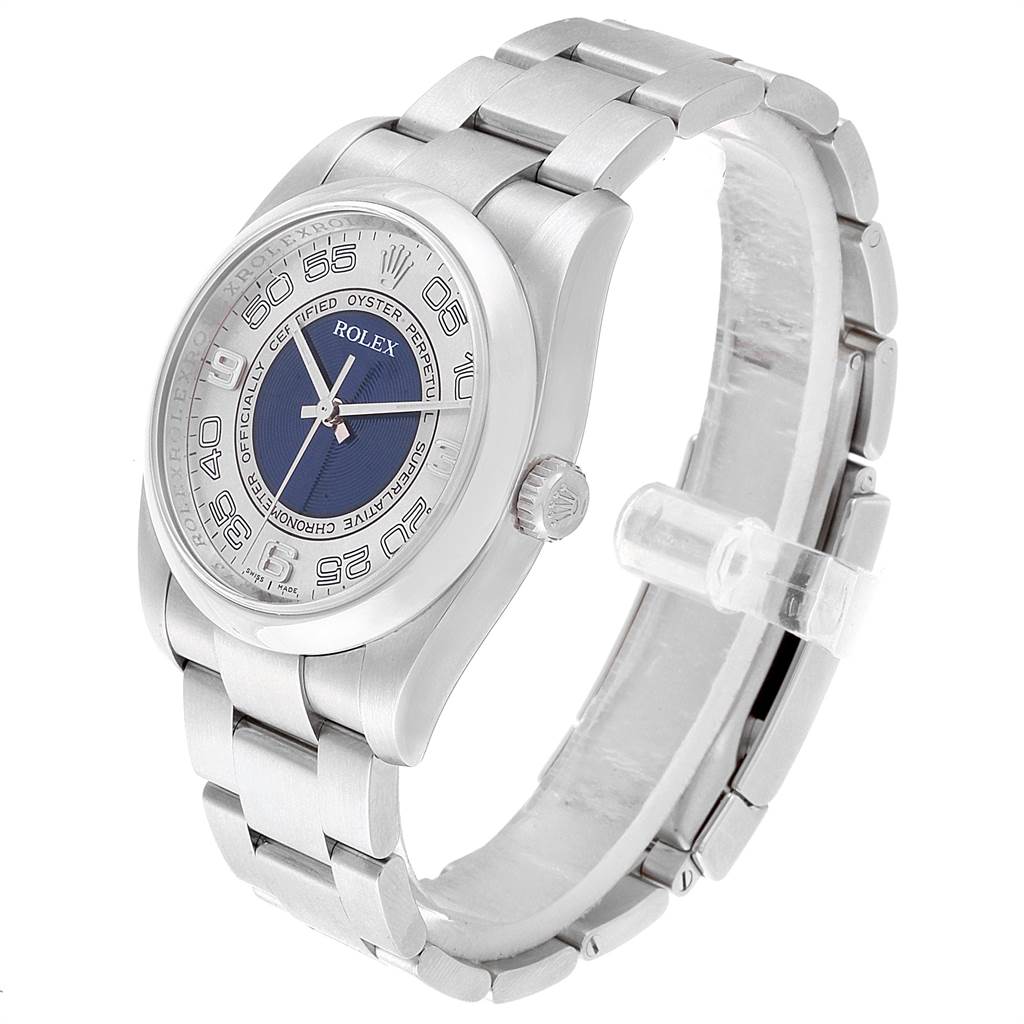 The image shows a side view of the Rolex Oyster Perpetual 116000 Men
s Stainless Steel Silver Dial 116000 Men
s Stainless Steel Silver Dial watch, displaying its bracelet, crown, and dial.