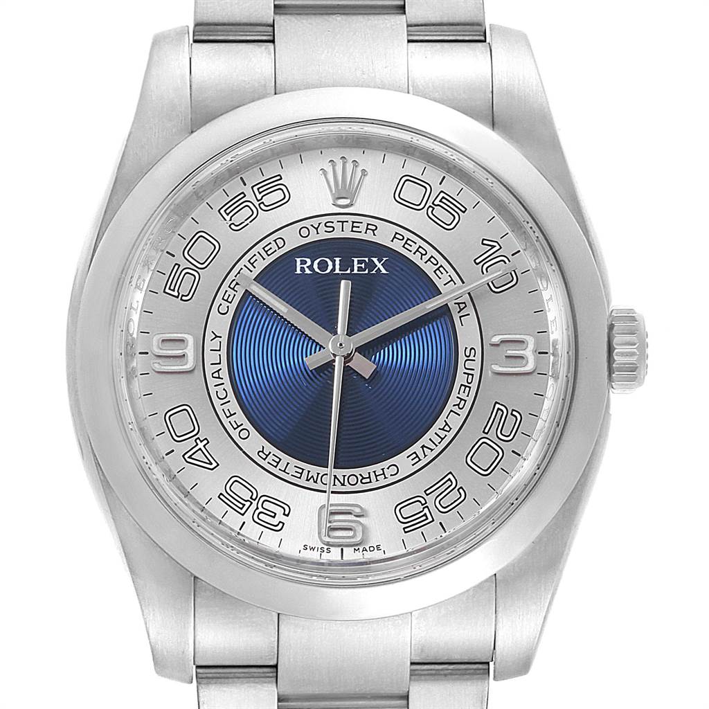 This image shows the front view of a Rolex Oyster Perpetual 116000 Men
s Stainless Steel Silver Dial 116000 Men
s Stainless Steel Silver Dial watch, highlighting its dial, hands, bezel, and part of the bracelet.