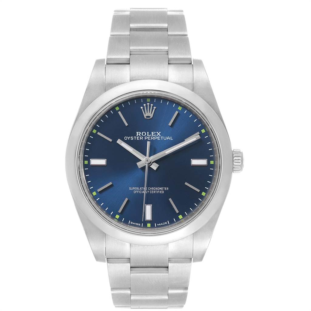 This image shows a front view of a Rolex Oyster Perpetual 114300 Men
s Stainless Steel Blue Dial 114300 Men
s Stainless Steel Blue Dial watch with a blue dial and stainless steel bracelet.