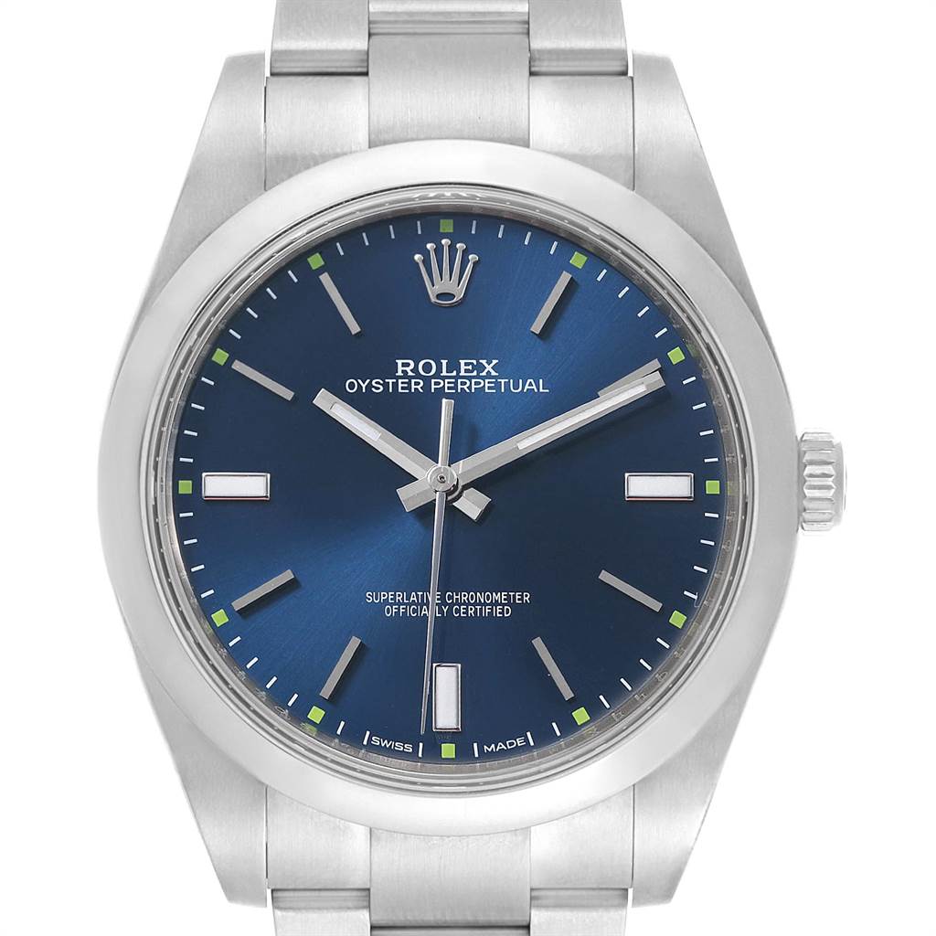 The image shows a front view of a Rolex Oyster Perpetual 114300 Men
s Stainless Steel Blue Dial 114300 Men
s Stainless Steel Blue Dial watch, highlighting its blue dial, hands, markers, and bracelet.