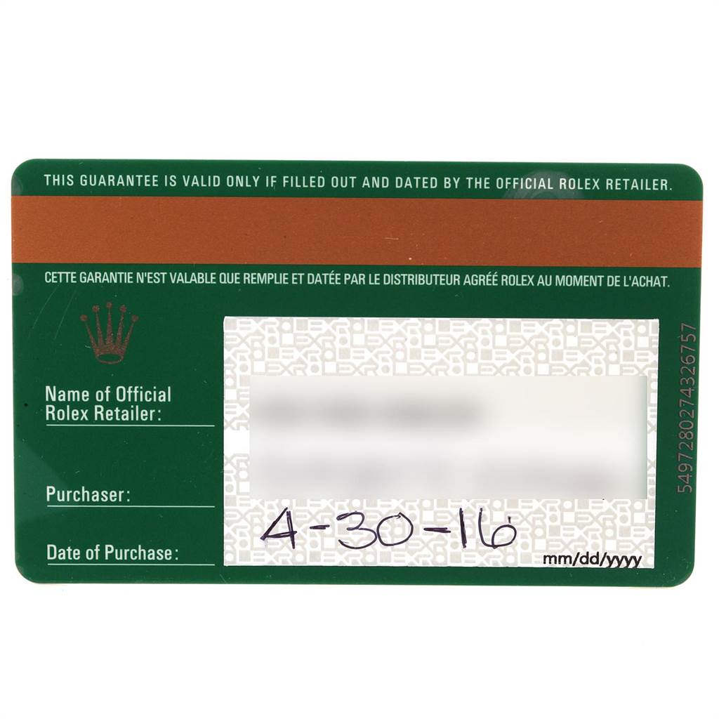 This image shows a warranty card for the Rolex Oyster Perpetual 114300 Men
s Stainless Steel Blue Dial 114300 Men
s Stainless Steel Blue Dial watch, filled with the official retailer
s information and purchase date.