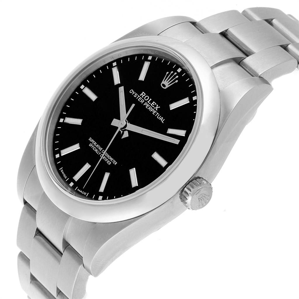 This image shows a Rolex Oyster Perpetual 114300 Men
s Stainless Steel Black Dial 114300 Men
s Stainless Steel Black Dial watch at an angled close-up, highlighting the dial, bezel, crown, and bracelet.