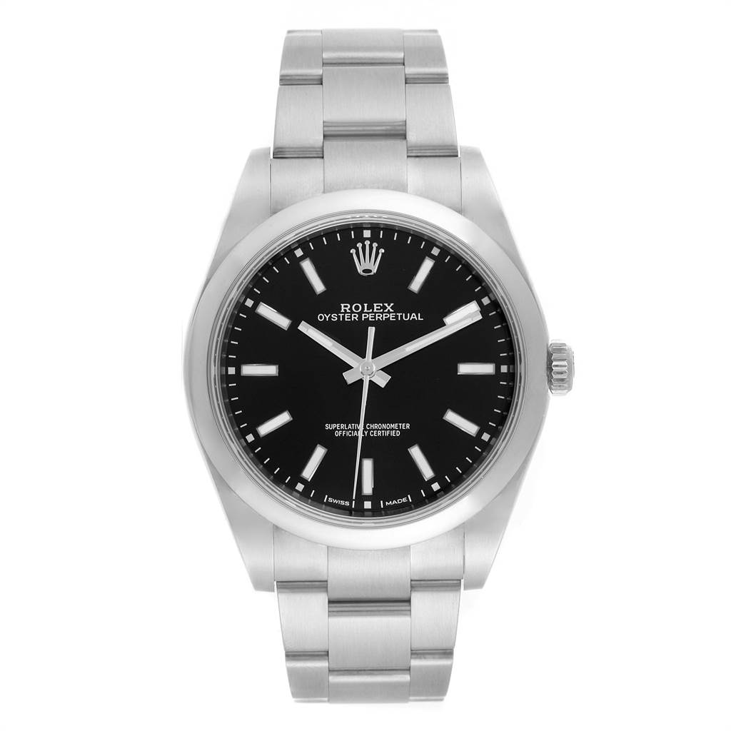 The image shows a front view of a Rolex Oyster Perpetual 114300 Men
s Stainless Steel Black Dial 114300 Men
s Stainless Steel Black Dial watch, displaying its black dial, stainless steel case, and bracelet.