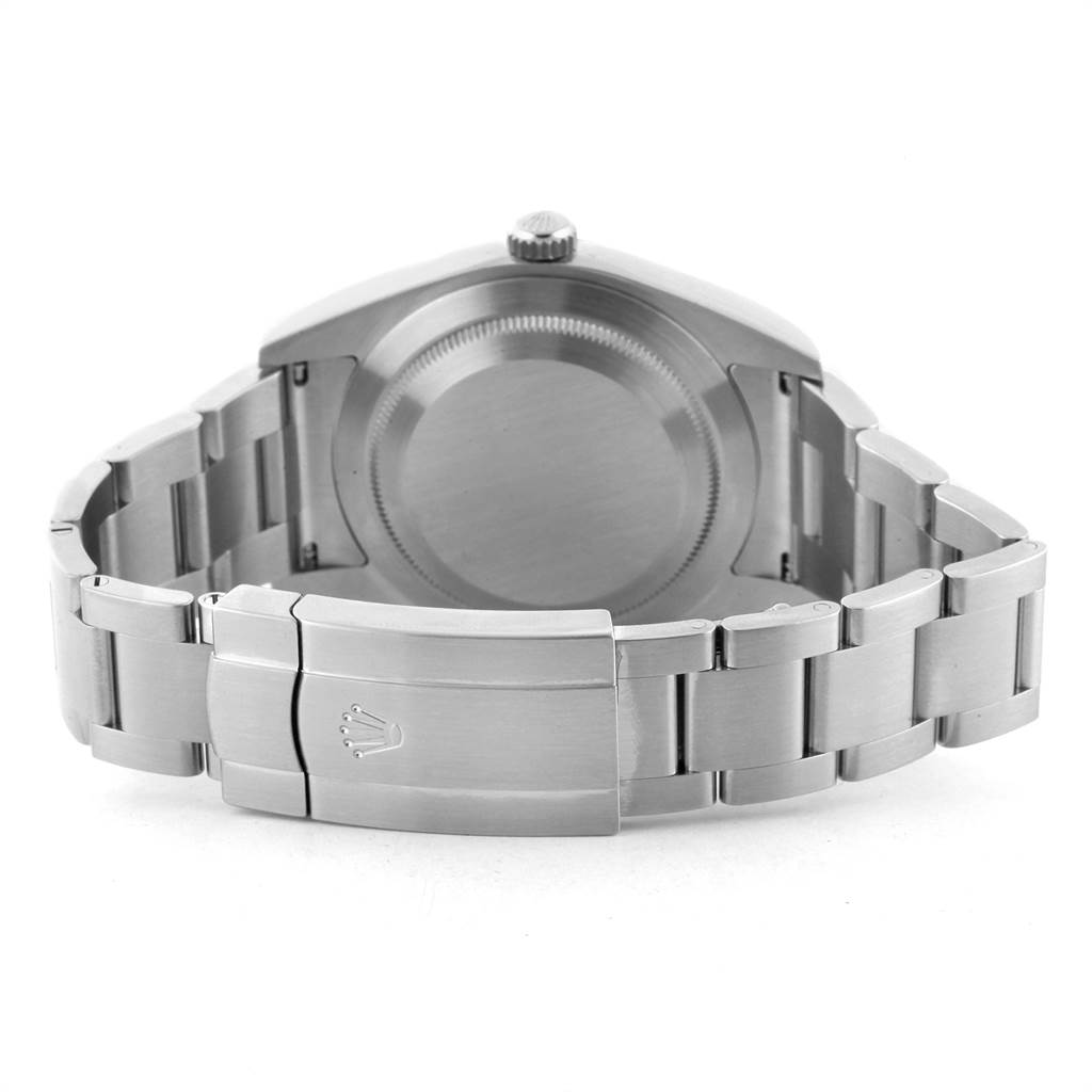 This image shows the back case and bracelet clasp of a Rolex Oyster Perpetual 114300 Men
s Stainless Steel Black Dial 114300 Men
s Stainless Steel Black Dial watch from a rear angle.