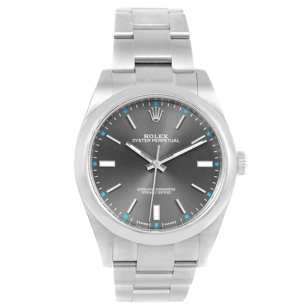 The Rolex Oyster Perpetual 114300 Men
s Stainless Steel Grey Dial 114300 Men
s Stainless Steel Grey Dial watch is shown from a front view, displaying the dial, bracelet, and crown.