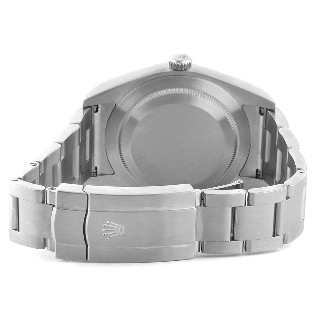 The image shows the back view of the Rolex Oyster Perpetual 114300 Men
s Stainless Steel Grey Dial 114300 Men
s Stainless Steel Grey Dial watch, highlighting the case back and bracelet clasp.