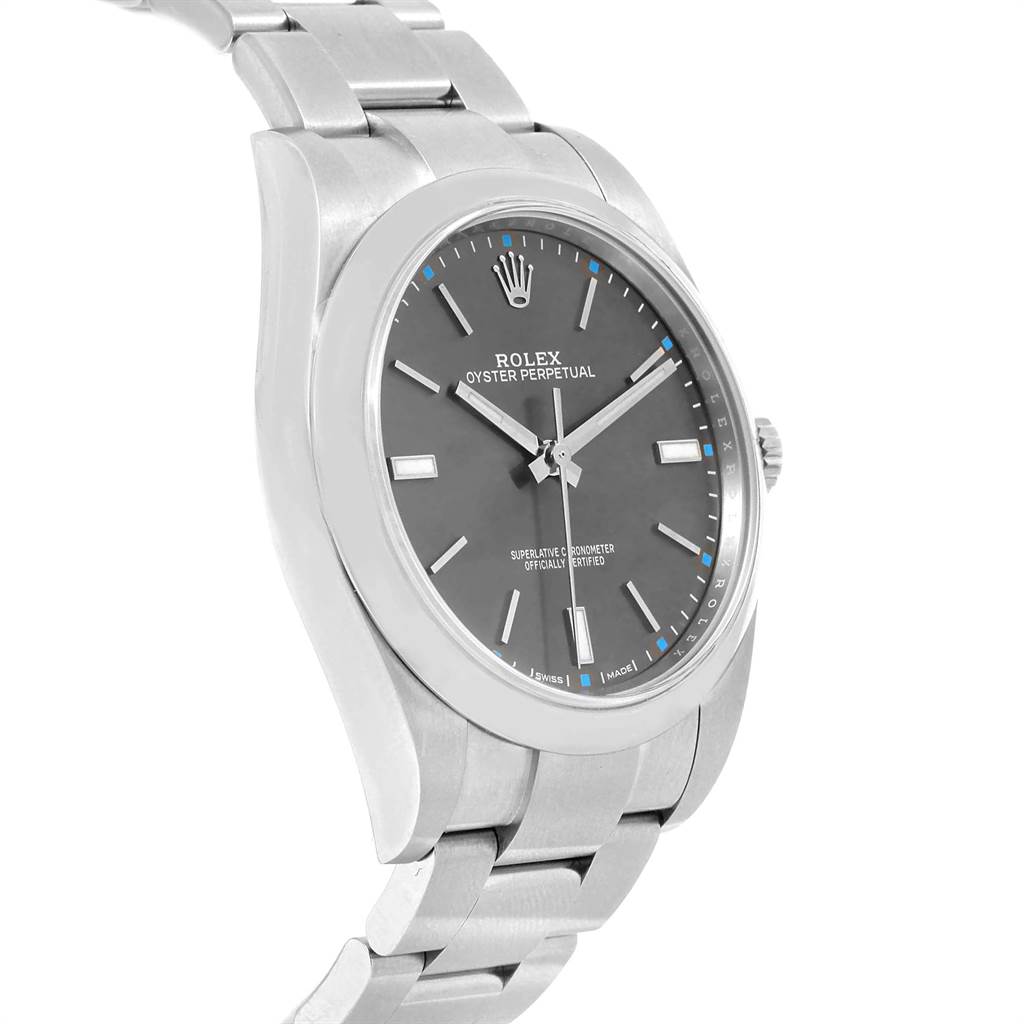 The image shows a side view of a Rolex Oyster Perpetual 114300 Men
s Stainless Steel Grey Dial 114300 Men
s Stainless Steel Grey Dial watch, highlighting the face, crown, and bracelet.