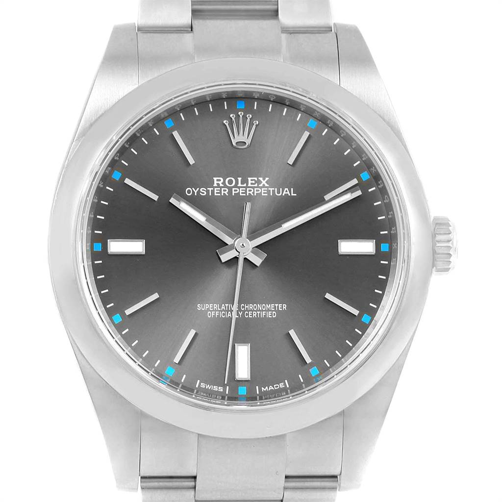 This is a front view of a Rolex Oyster Perpetual 114300 Men
s Stainless Steel Grey Dial 114300 Men
s Stainless Steel Grey Dial watch, showing the dial, hands, bezel, and part of the bracelet.