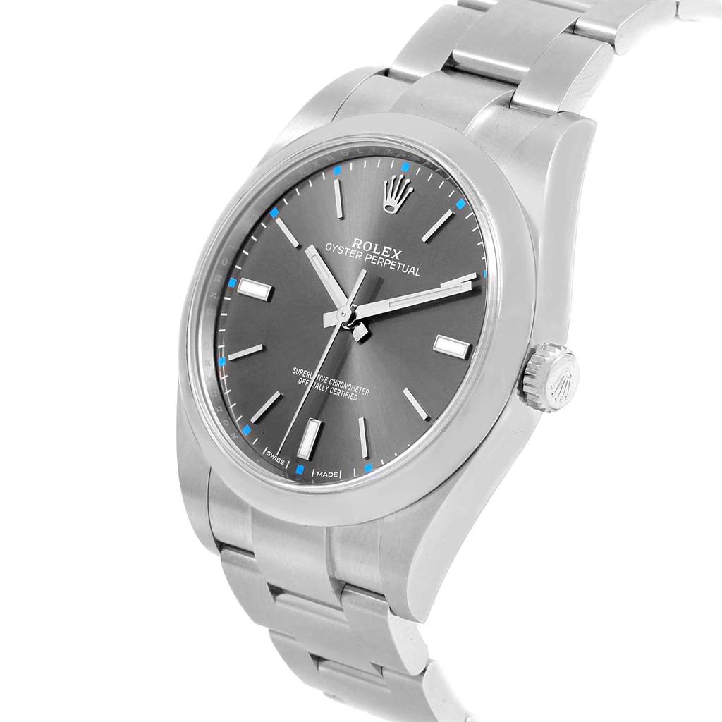 The Rolex Oyster Perpetual 114300 Men
s Stainless Steel Grey Dial 114300 Men
s Stainless Steel Grey Dial watch is shown at a slight angle, highlighting its dial, crown, and bracelet.