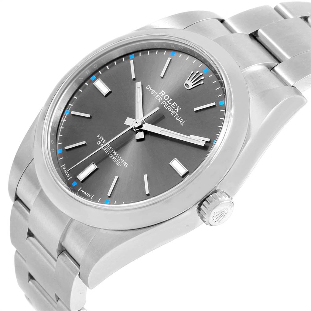 The image shows a Rolex Oyster Perpetual 114300 Men
s Stainless Steel Grey Dial 114300 Men
s Stainless Steel Grey Dial watch, focusing on the dial, bezel, crown, and part of the bracelet at a slight angle.