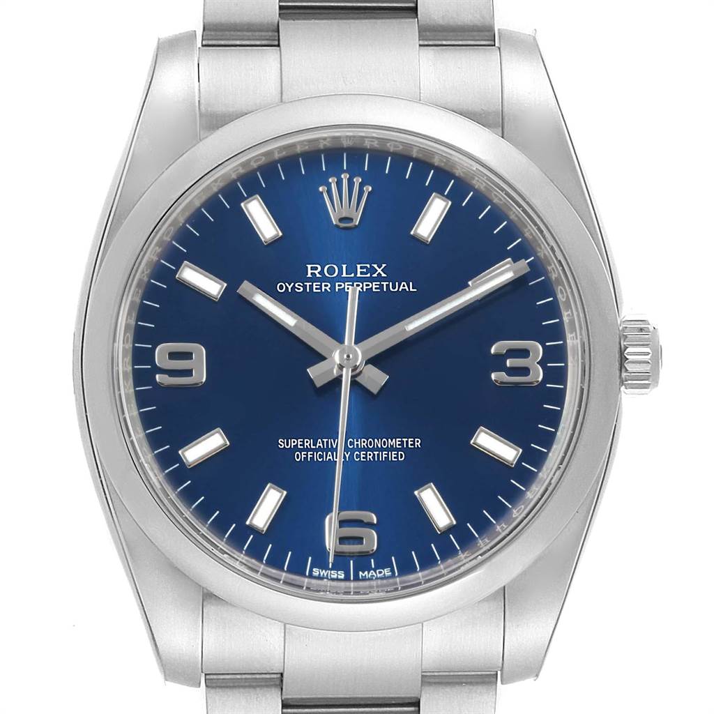 The image shows a front view of a Rolex Oyster Perpetual 114200 Men
s Stainless Steel Blue Dial 114200 Men
s Stainless Steel Blue Dial watch, highlighting the blue dial and stainless steel case and bracelet.