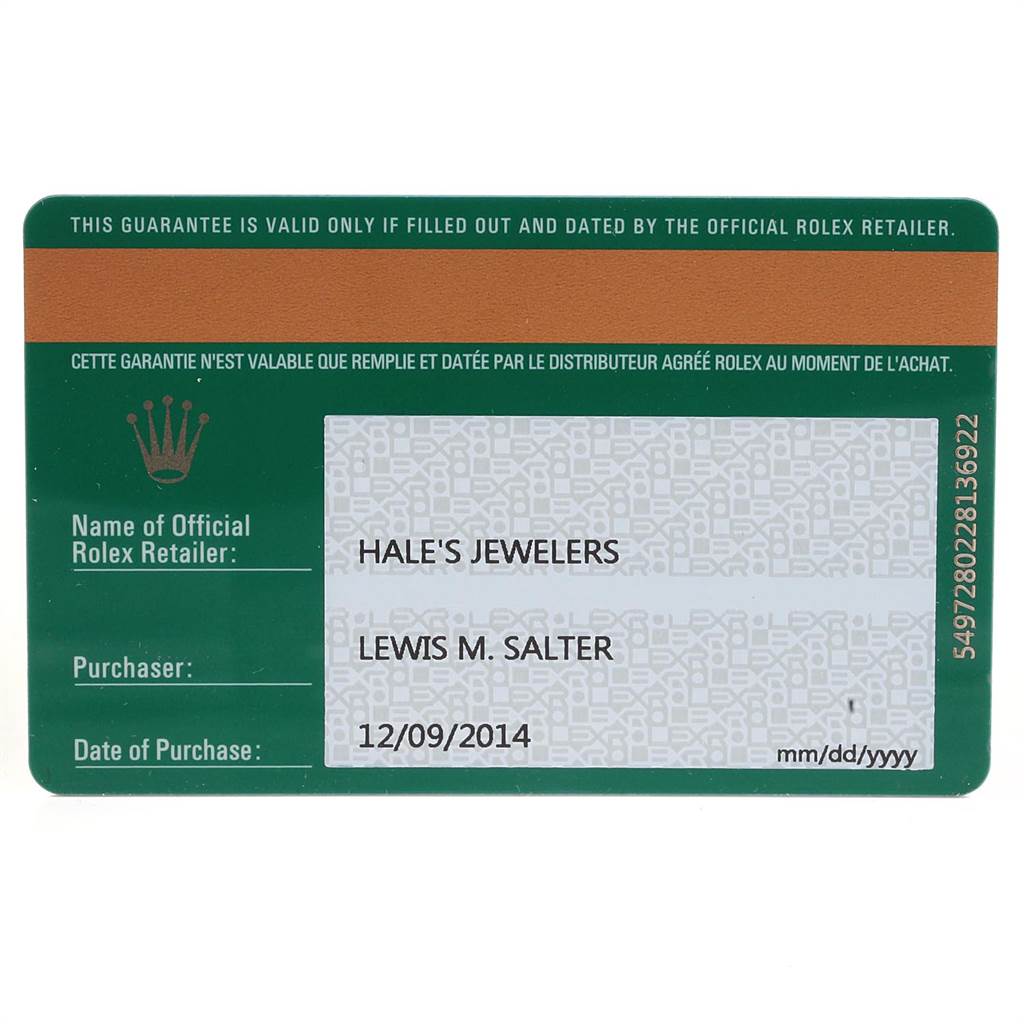 This image shows the official guarantee card for a Rolex Oyster Perpetual 114200 Men
s Stainless Steel Blue Dial 114200 Men
s Stainless Steel Blue Dial watch, featuring retailer and purchase details.