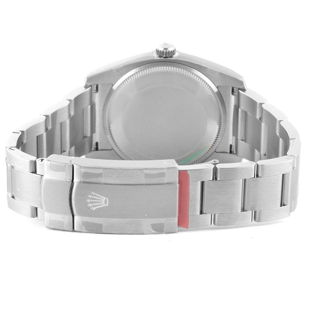 This image shows the back view of a Rolex Oyster Perpetual 114200 Men
s Stainless Steel Blue Dial 114200 Men
s Stainless Steel Blue Dial watch, highlighting the bracelet and clasp.