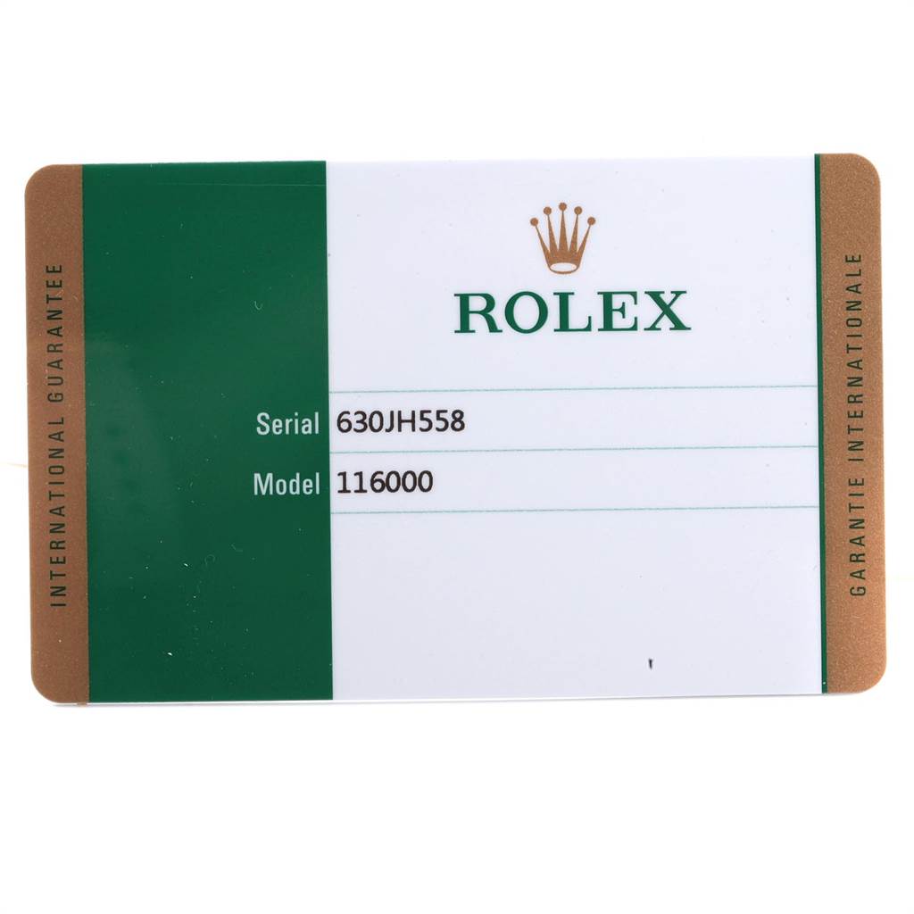 This image shows a Rolex guarantee card for the Oyster Perpetual model, providing the serial number 630JH558 and model number 116000.