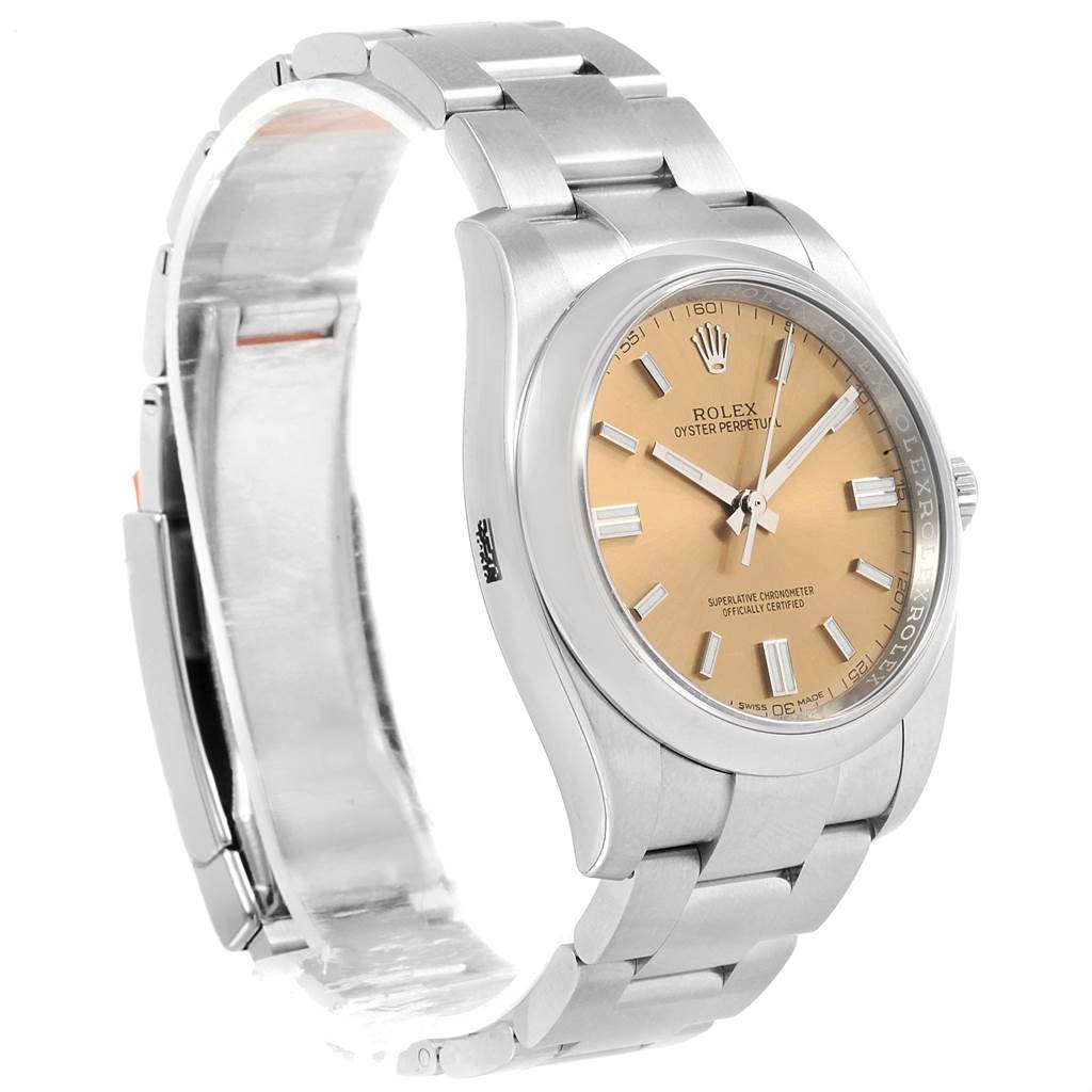 The image shows a side angle of a Rolex Oyster Perpetual 116000 Men
s Stainless Steel Champagne Dial 116000 Men
s Stainless Steel Champagne Dial watch, highlighting its face, bezel, bracelet, and partially open clasp.