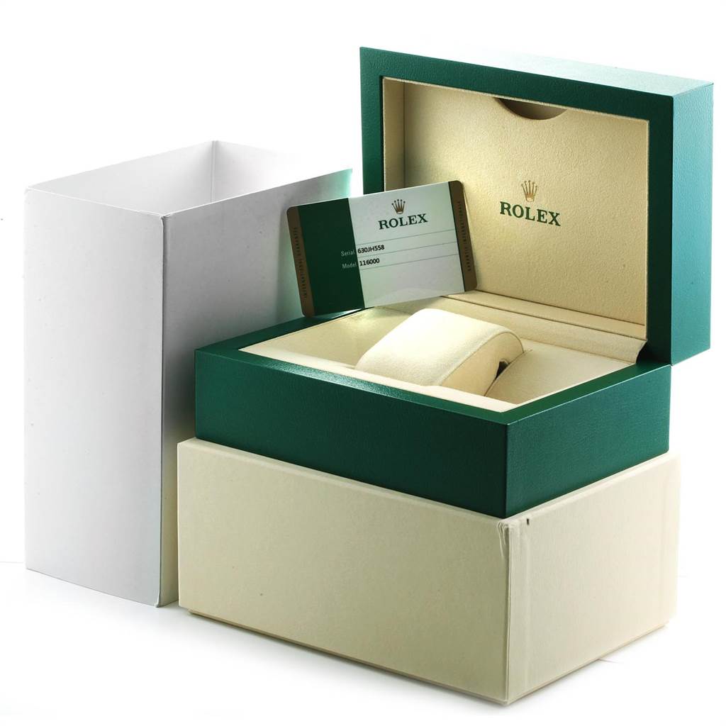 The image shows the box and certificate for a Rolex Oyster Perpetual 116000 Men
s Stainless Steel Champagne Dial 116000 Men
s Stainless Steel Champagne Dial watch, with no watch visible.