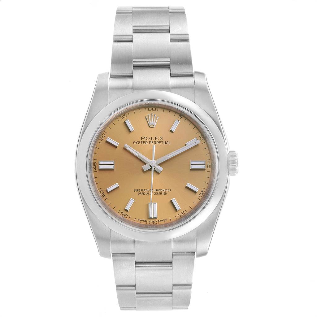 The image shows a Rolex Oyster Perpetual 116000 Men
s Stainless Steel Champagne Dial 116000 Men
s Stainless Steel Champagne Dial watch, featuring its dial, case, and bracelet, viewed from the front.