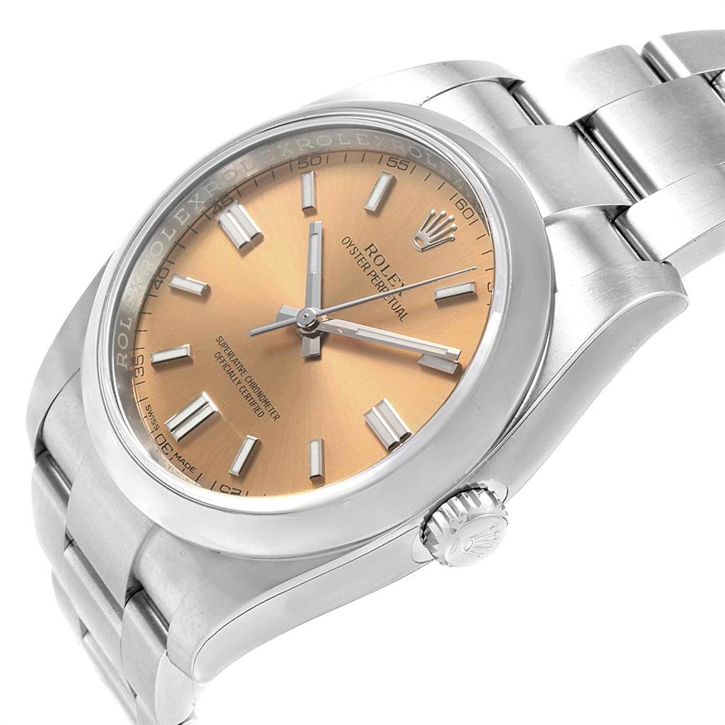 The image shows a Rolex Oyster Perpetual 116000 Men
s Stainless Steel Champagne Dial 116000 Men
s Stainless Steel Champagne Dial watch at a three-quarter angle, highlighting the dial, bezel, case, crown, and bracelet.