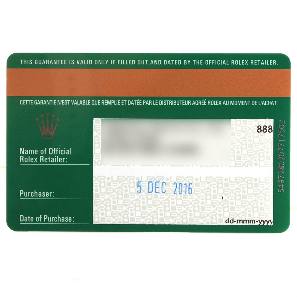 This image shows a guarantee card for the Rolex Oyster Perpetual 116000 Men
s Stainless Steel Champagne Dial 116000 Men
s Stainless Steel Champagne Dial model.