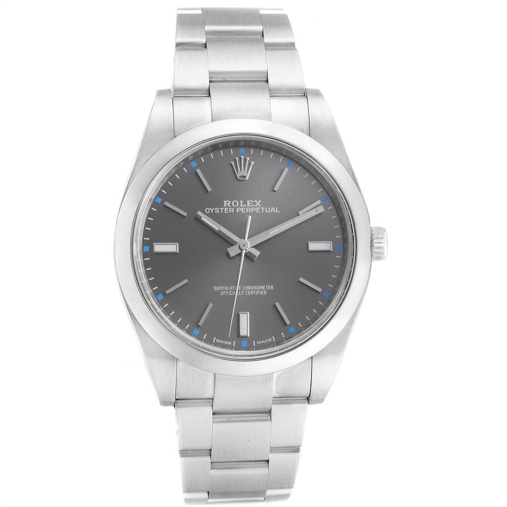 This image shows a Rolex Oyster Perpetual 114300 Men
s Stainless Steel Grey Dial 114300 Men
s Stainless Steel Grey Dial watch from the front, highlighting its grey dial and stainless steel bracelet.