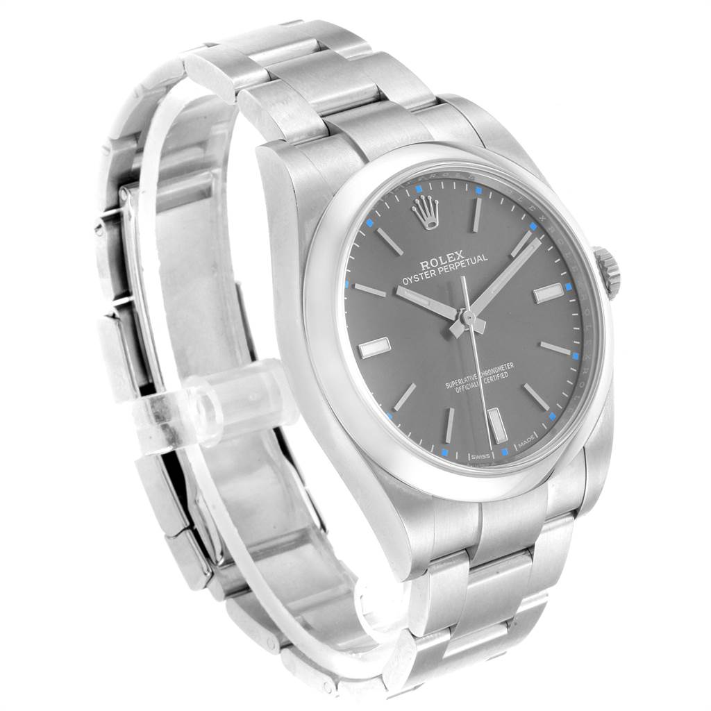 The image shows a side-angle view of the Rolex Oyster Perpetual 114300 Men
s Stainless Steel Grey Dial 114300 Men
s Stainless Steel Grey Dial watch, including its face, bezel, and bracelet.