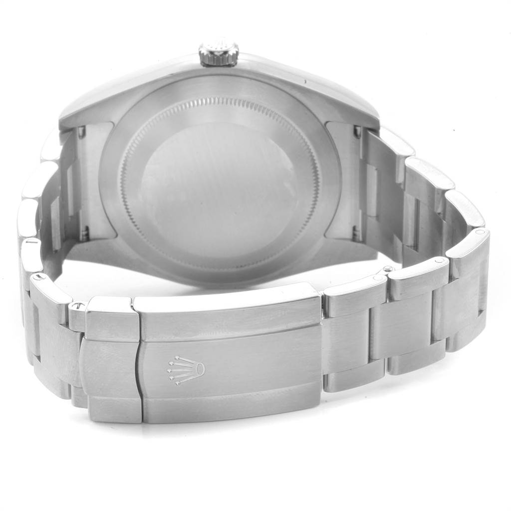 The image shows the back view of a Rolex Oyster Perpetual 114300 Men
s Stainless Steel Grey Dial 114300 Men
s Stainless Steel Grey Dial watch, including the clasp and bracelet.